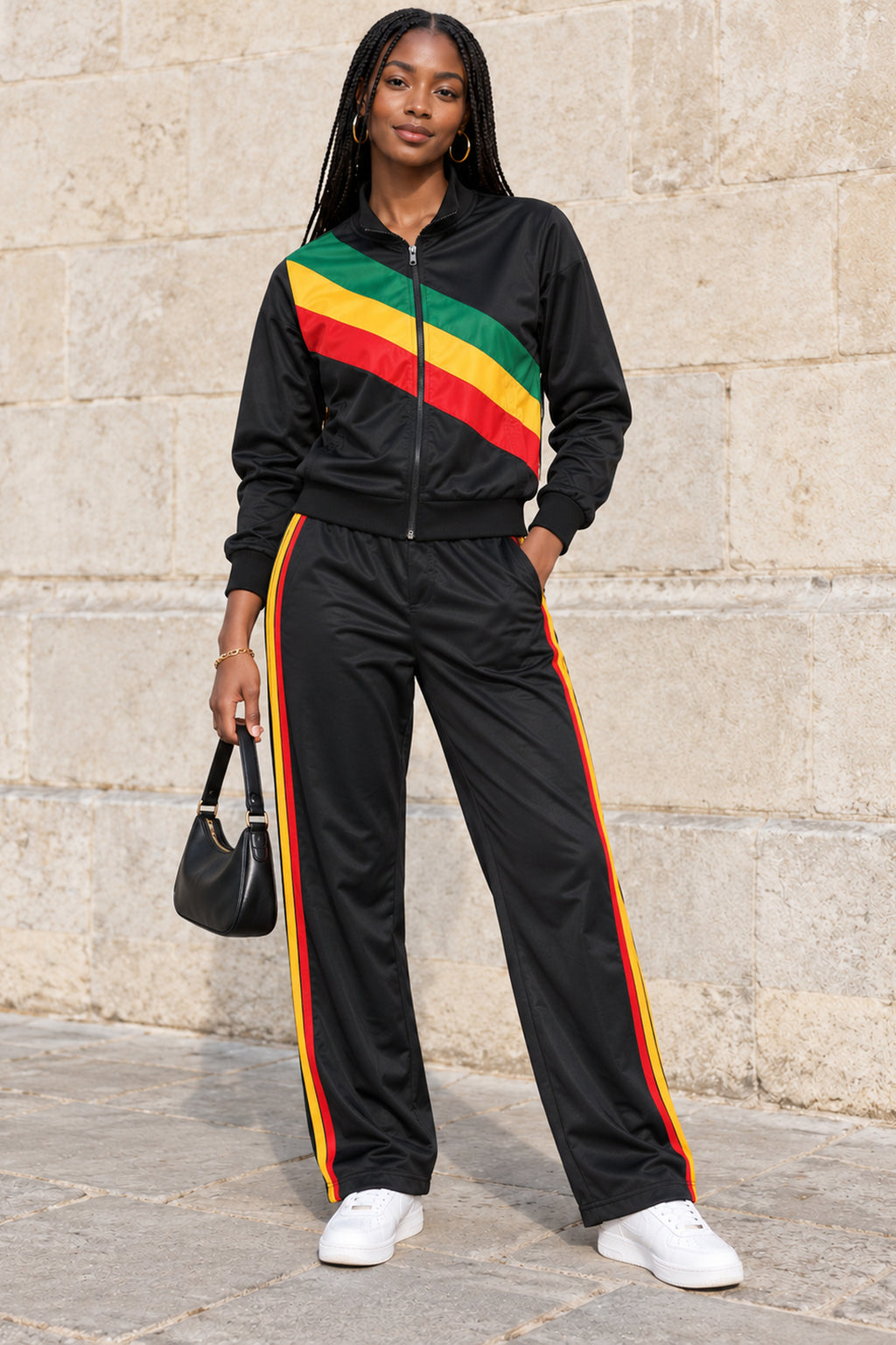 Unisex African-Inspired Black Tracksuit Set – Green, Yellow & Red Stripe Design