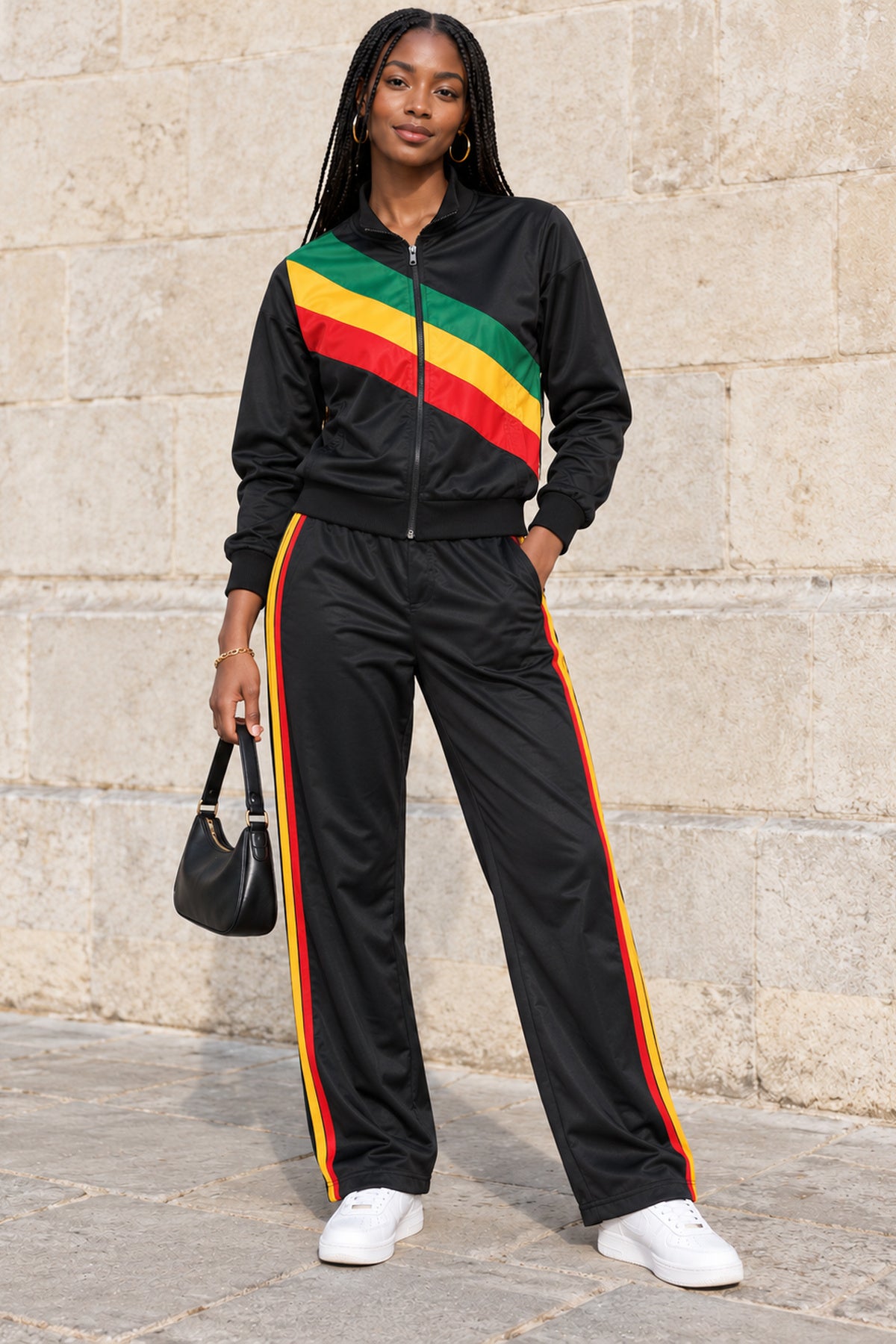 Unisex African-Inspired Black Tracksuit Set – Green, Yellow & Red Stripe Design