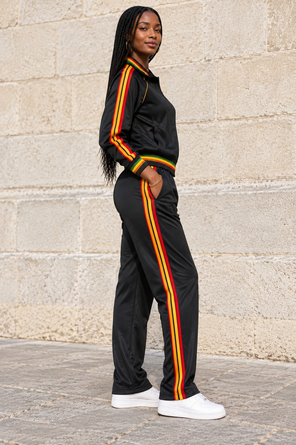 Unisex Black African Rasta Stripe Two-Piece Tracksuit Set – Red, Gold & Green