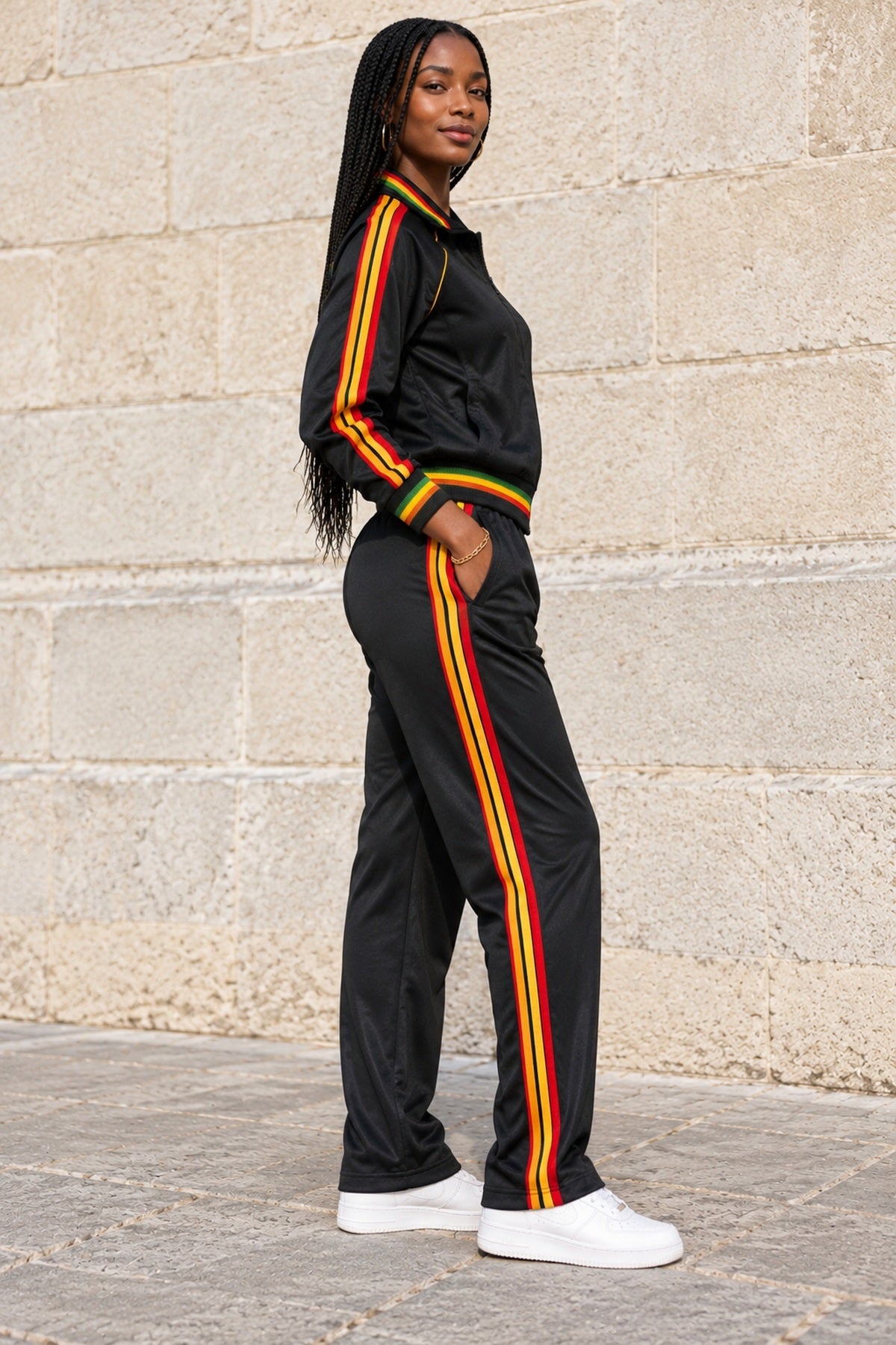 Unisex Black African Rasta Stripe Two-Piece Tracksuit Set – Red, Gold & Green