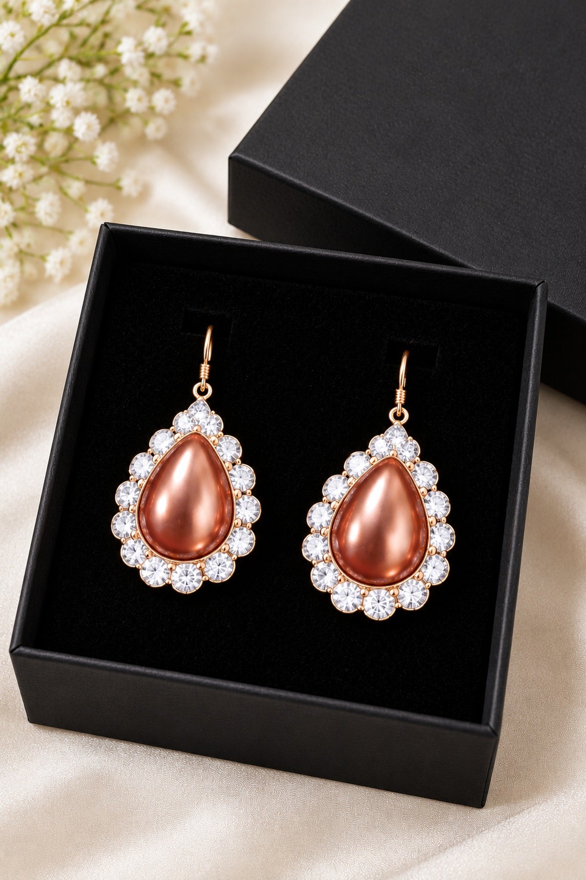 Copper Teardrop Statement Earrings with Clear Stone Halo
