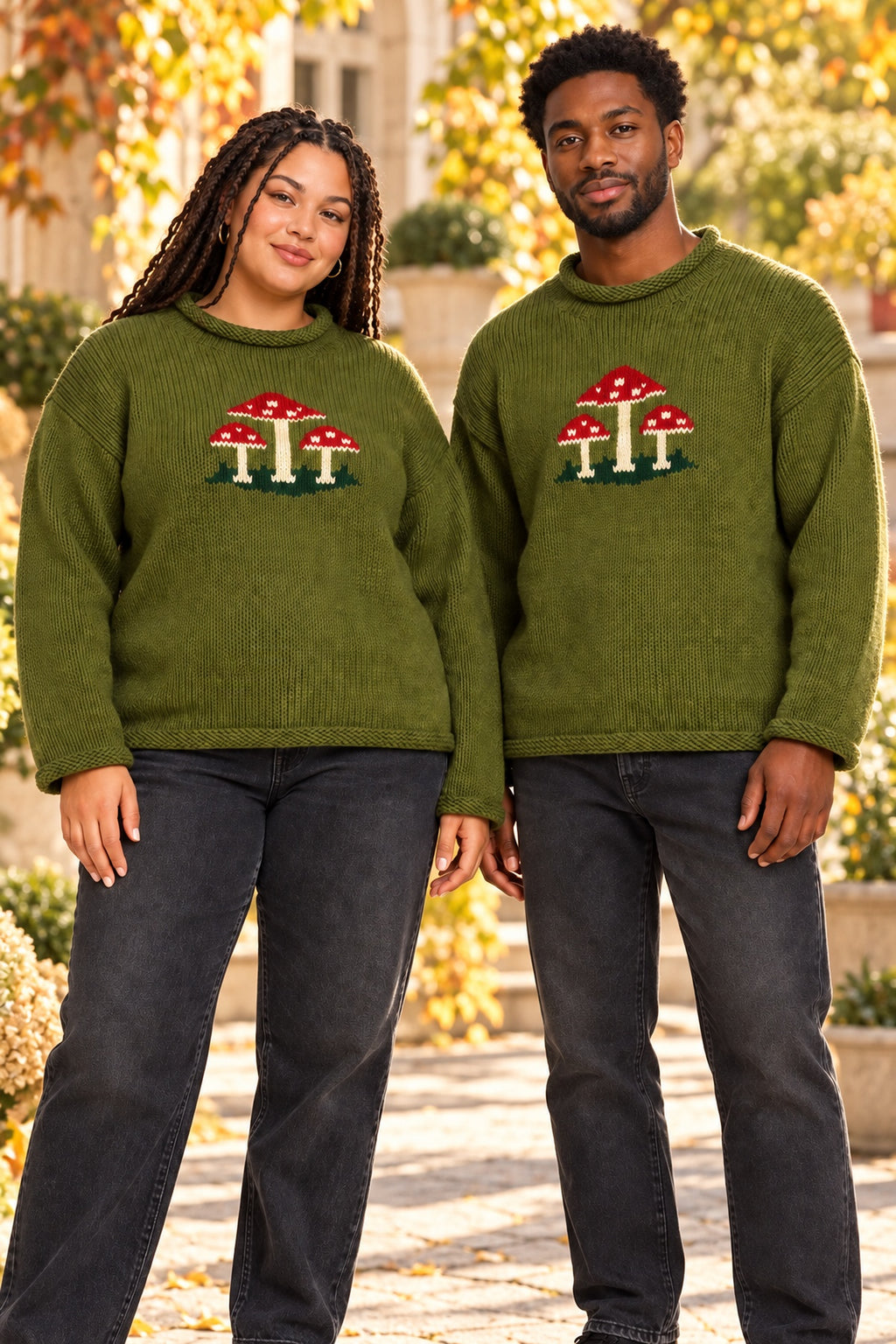 Unisex Green Mushroom Knit Jumper – Matching Couples Sweater