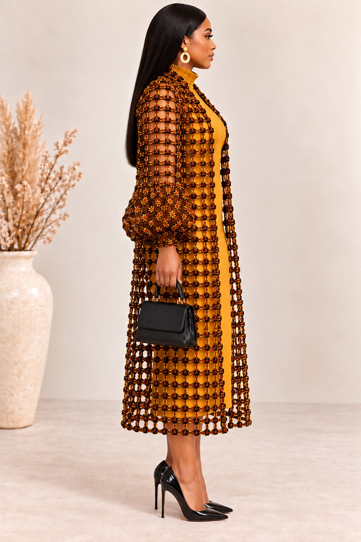 Tiana Mustard Ankara Weaved Long Puff Sleeve Overthrow