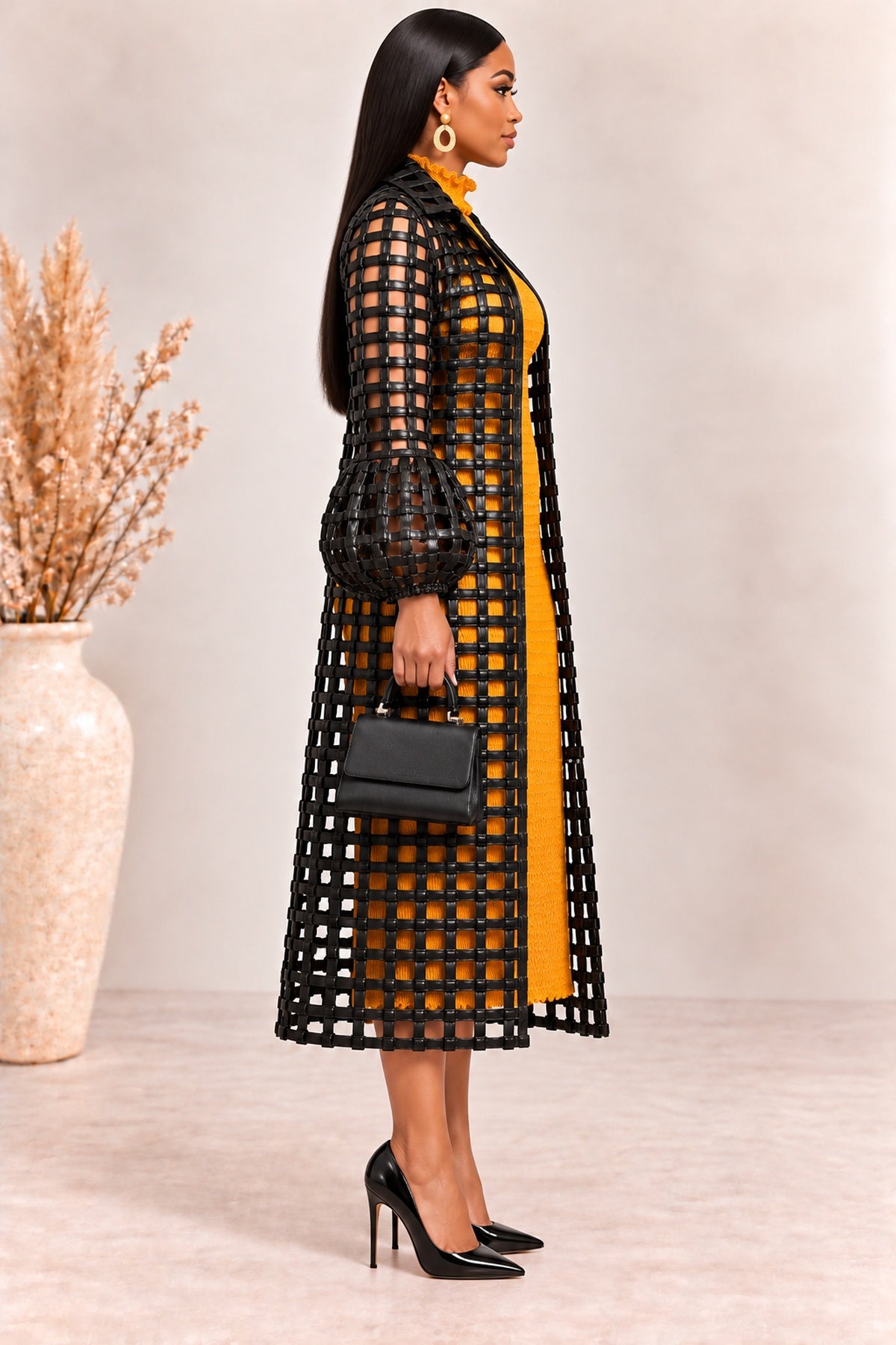 Lisa Mustard Ankara Weaved Long Puff Sleeve Overthrow