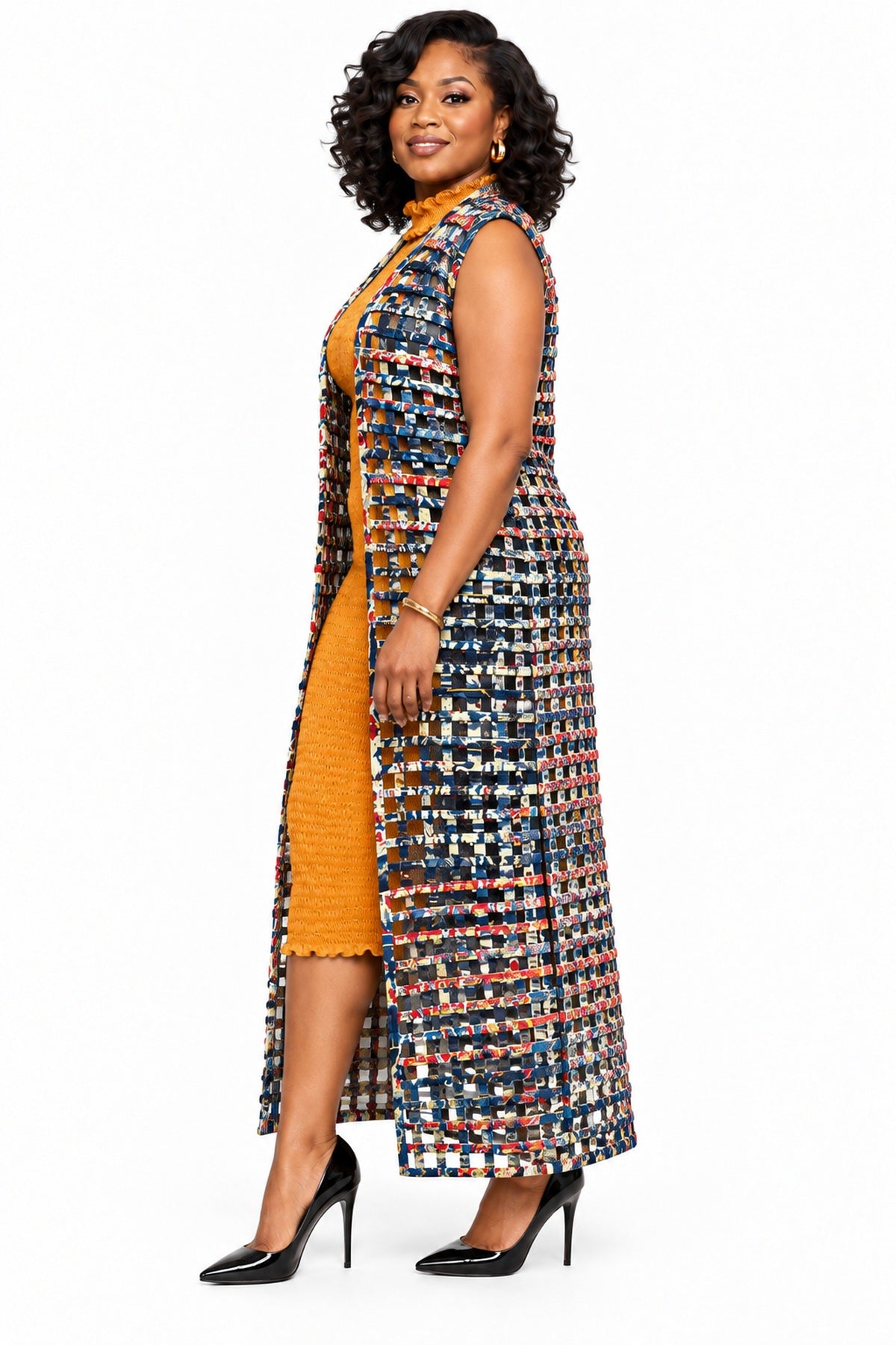Ade Blue Multi Ankara Weaved Full Length Sleeveless Kimono