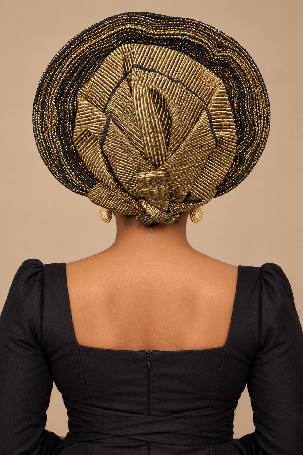 African Black & Gold Pleated Auto Gele Headwrap