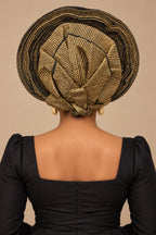 African Black & Gold Pleated Auto Gele Headwrap