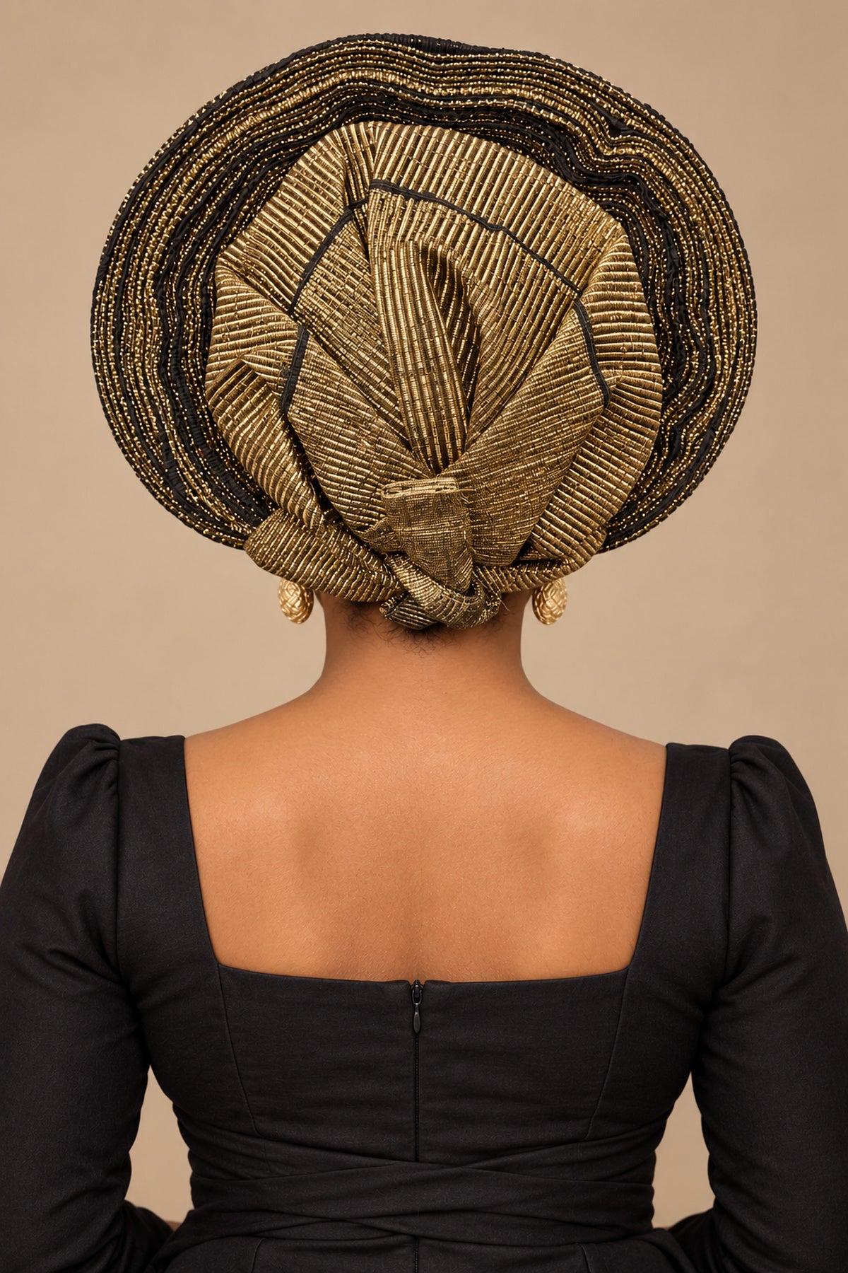 African Black & Gold Pleated Auto Gele Headwrap