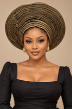 African Black & Gold Pleated Auto Gele Headwrap