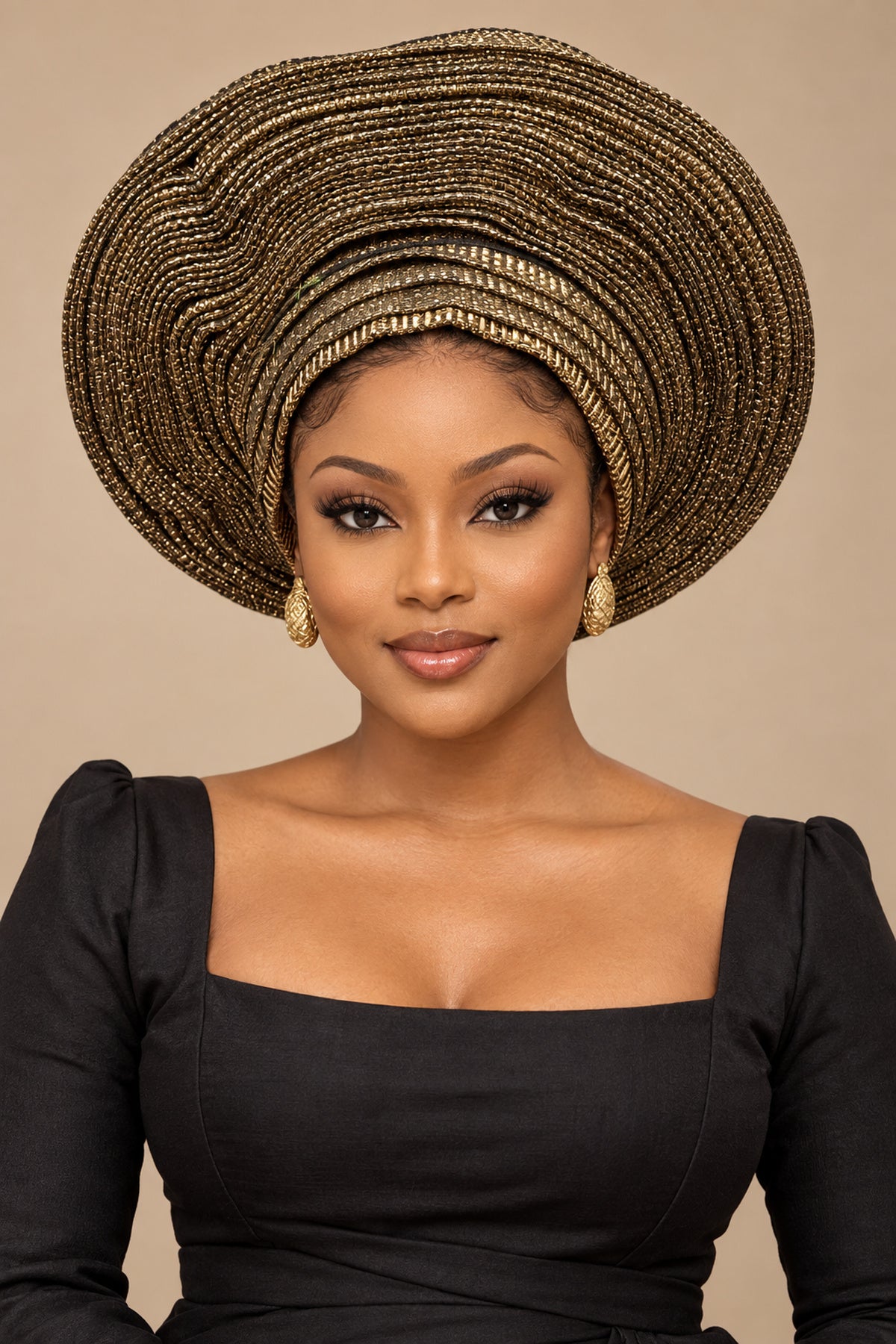 African Black & Gold Pleated Auto Gele Headwrap
