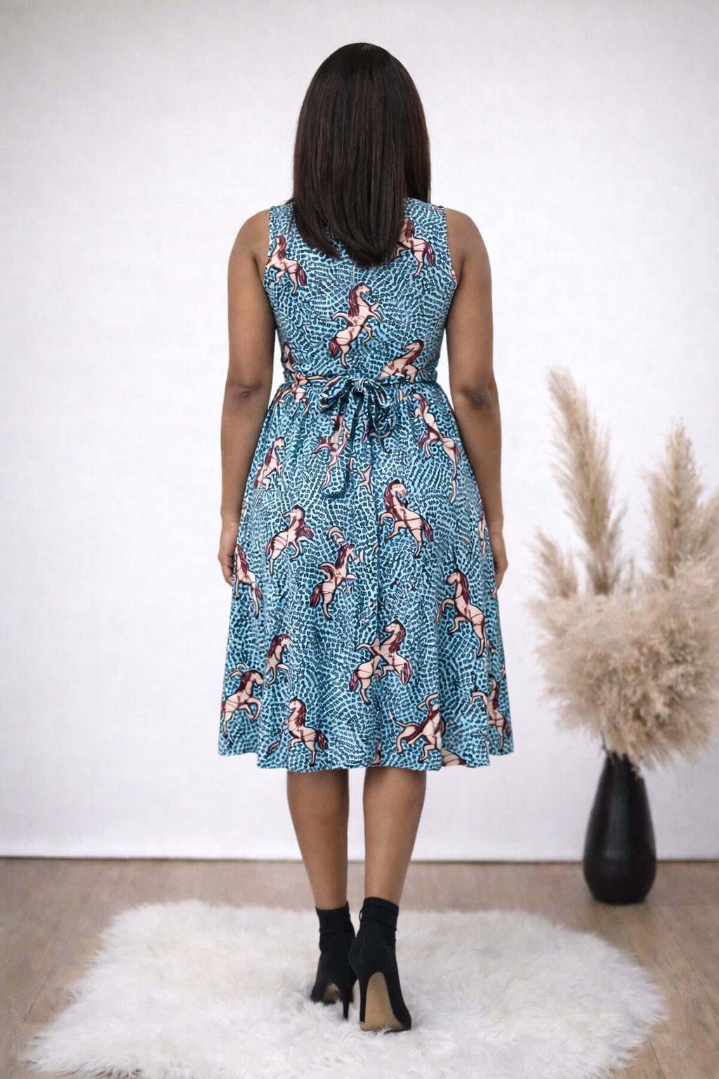 Teal African Print Sleeveless Midi Dress with Tie Waist