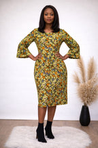 Green African Print Midi Dress with Bell Sleeves