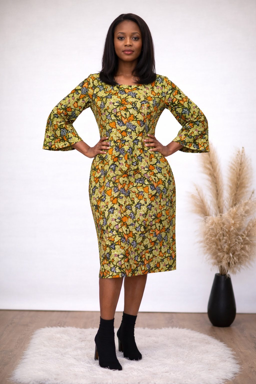 Green African Print Midi Dress with Bell Sleeves