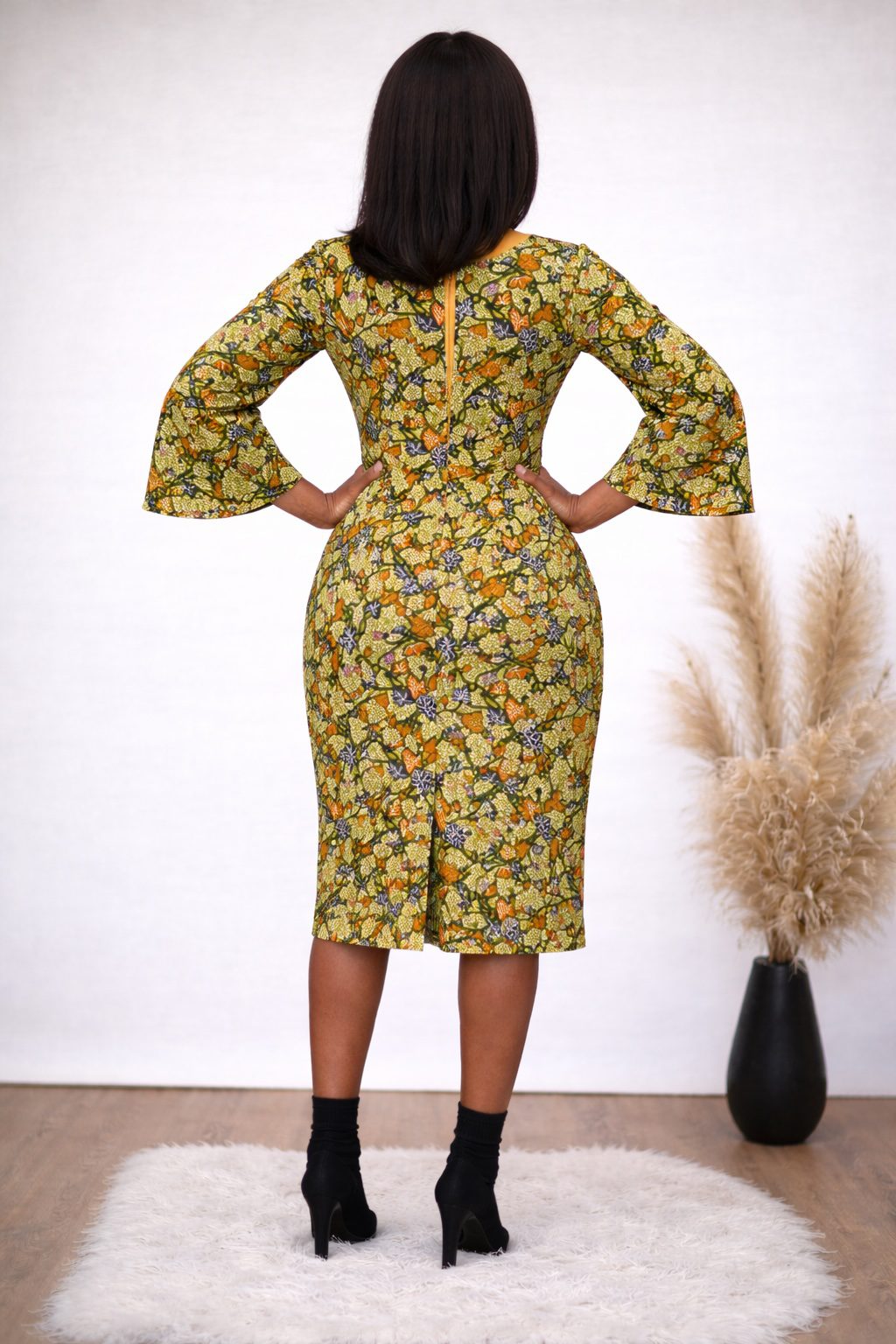 Green African Print Midi Dress with Bell Sleeves