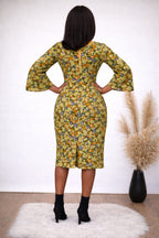Green African Print Midi Dress with Bell Sleeves