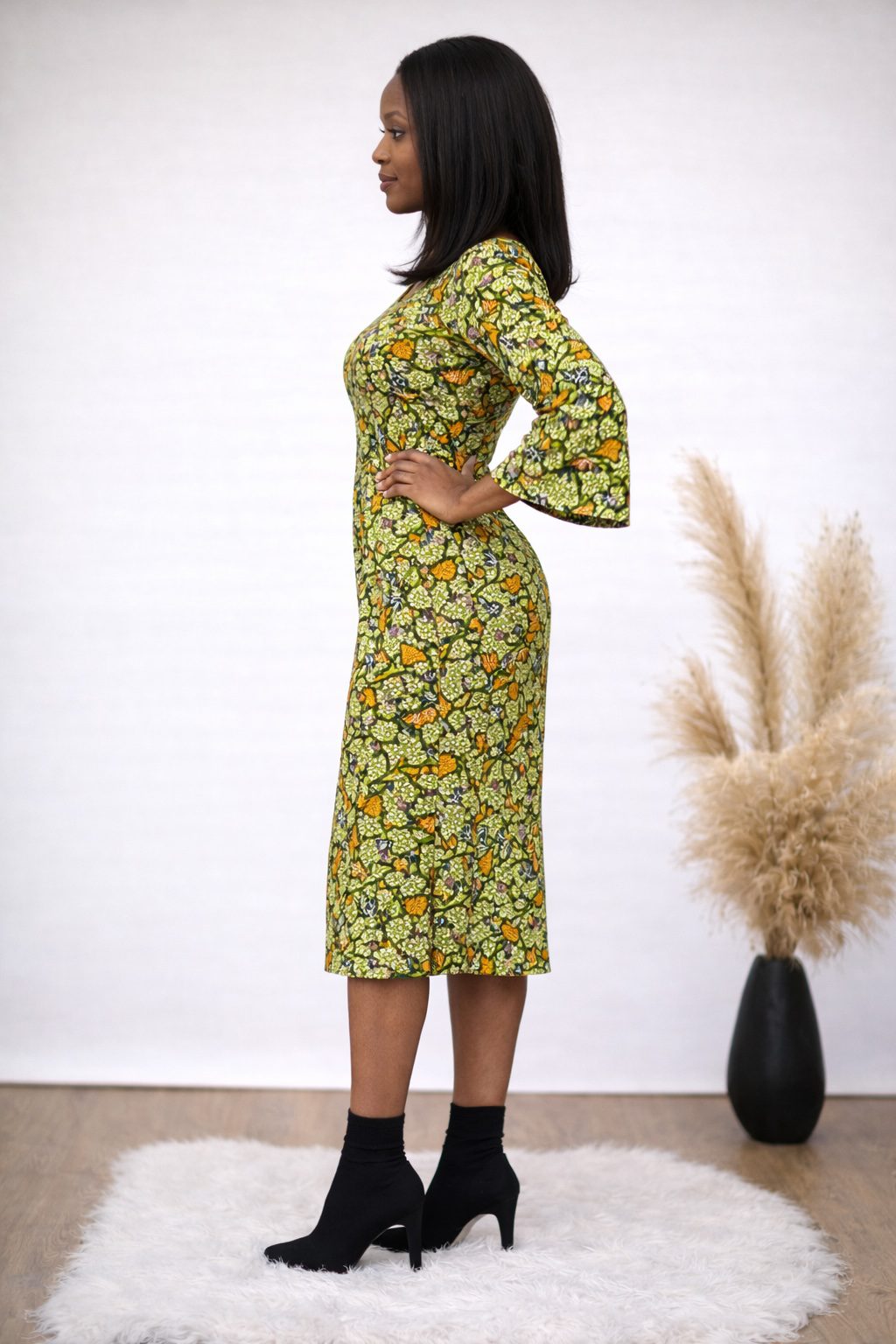 Green African Print Midi Dress with Bell Sleeves