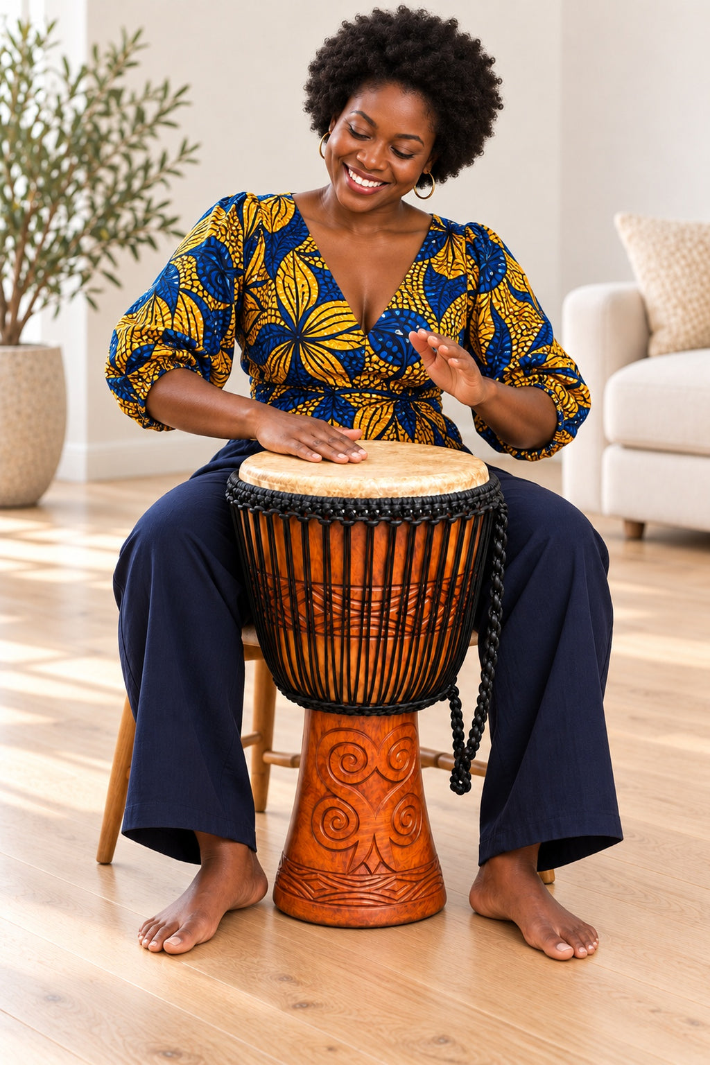 Traditional African Hand-Carved Wooden Djembe Drum – 25-Inch Height | 5 & 6-Inch Drum Face Options
