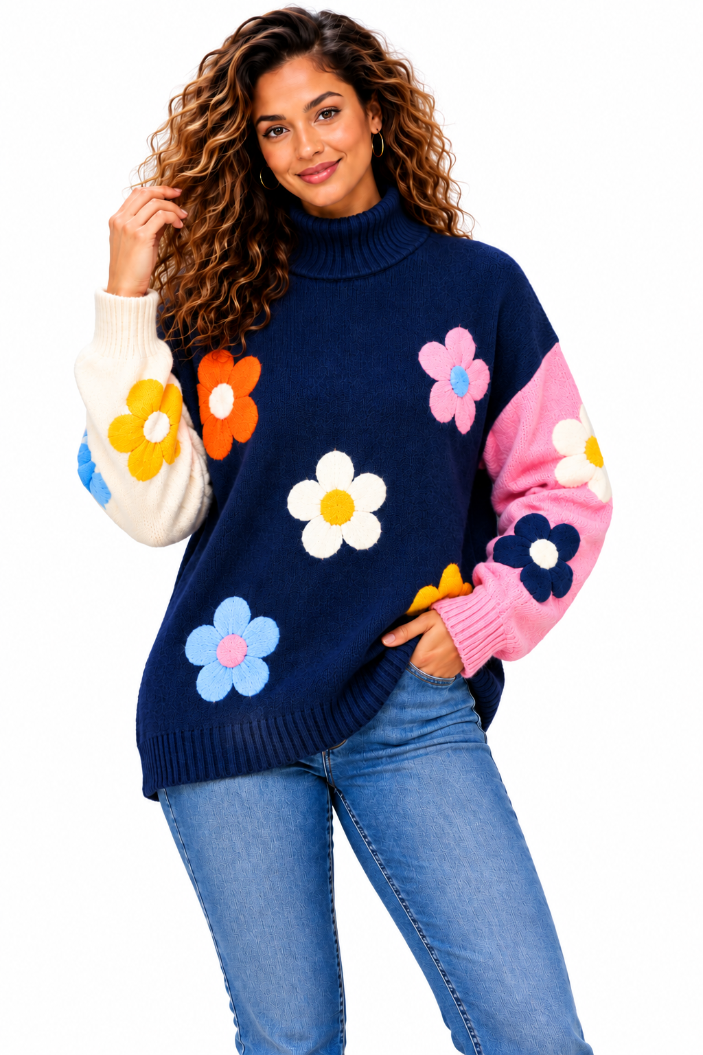 Women's Pink Colourful Floral Knit Jumper – Oversized Roll Neck Sweater