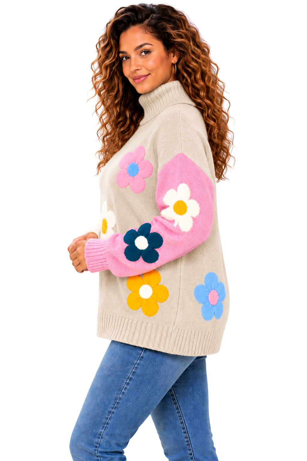 Women's Pink Colourful Floral Knit Jumper – Oversized Roll Neck Sweater