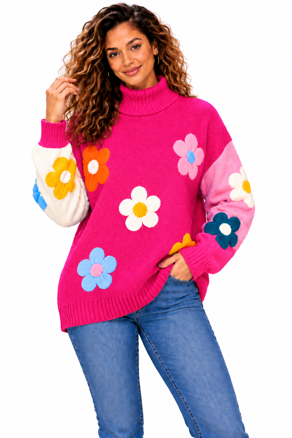 Women's Pink Colourful Floral Knit Jumper – Oversized Roll Neck Sweater