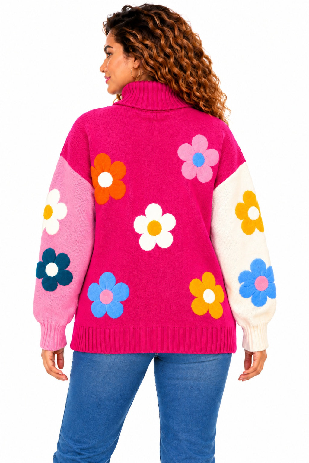Women's Oversized Floral Knit Roll Neck Jumper – Colour Block Winter Sweater