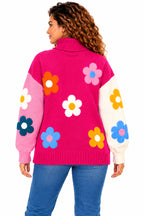 Women's Oversized Floral Knit Roll Neck Jumper – Colour Block Winter Sweater