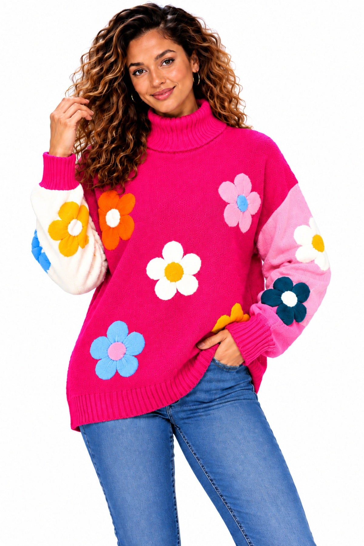 Women's Oversized Floral Knit Roll Neck Jumper – Colour Block Winter Sweater