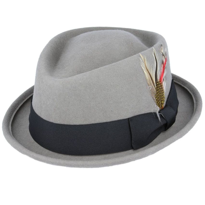 Classic Diamond Pork Pie Hat with Feather Decor