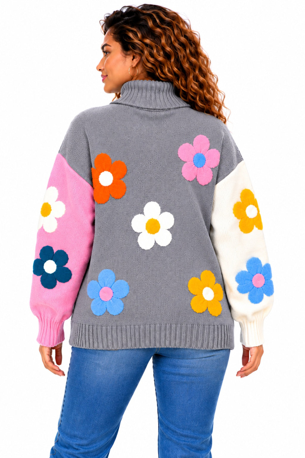 Women's Oversized Floral Knit Roll Neck Jumper – Colour Block Winter Sweater