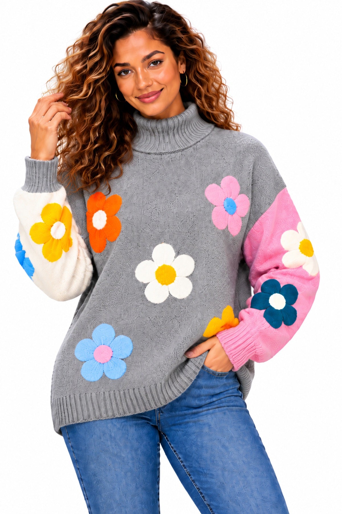 Women's Oversized Floral Knit Roll Neck Jumper – Colour Block Winter Sweater