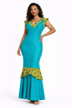 Teal African Print Mermaid Maxi Dress – Ankara Trim Bodycon Evening Dress