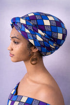 Blue and Purple African Print Elastic Headwrap for Women