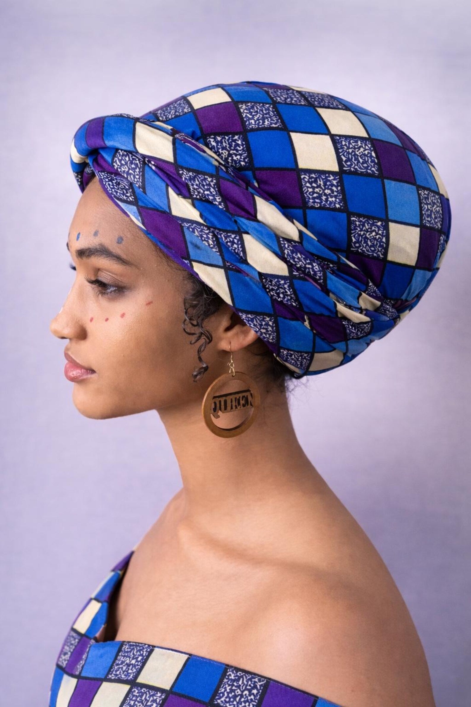 Blue and Purple African Print Elastic Headwrap for Women