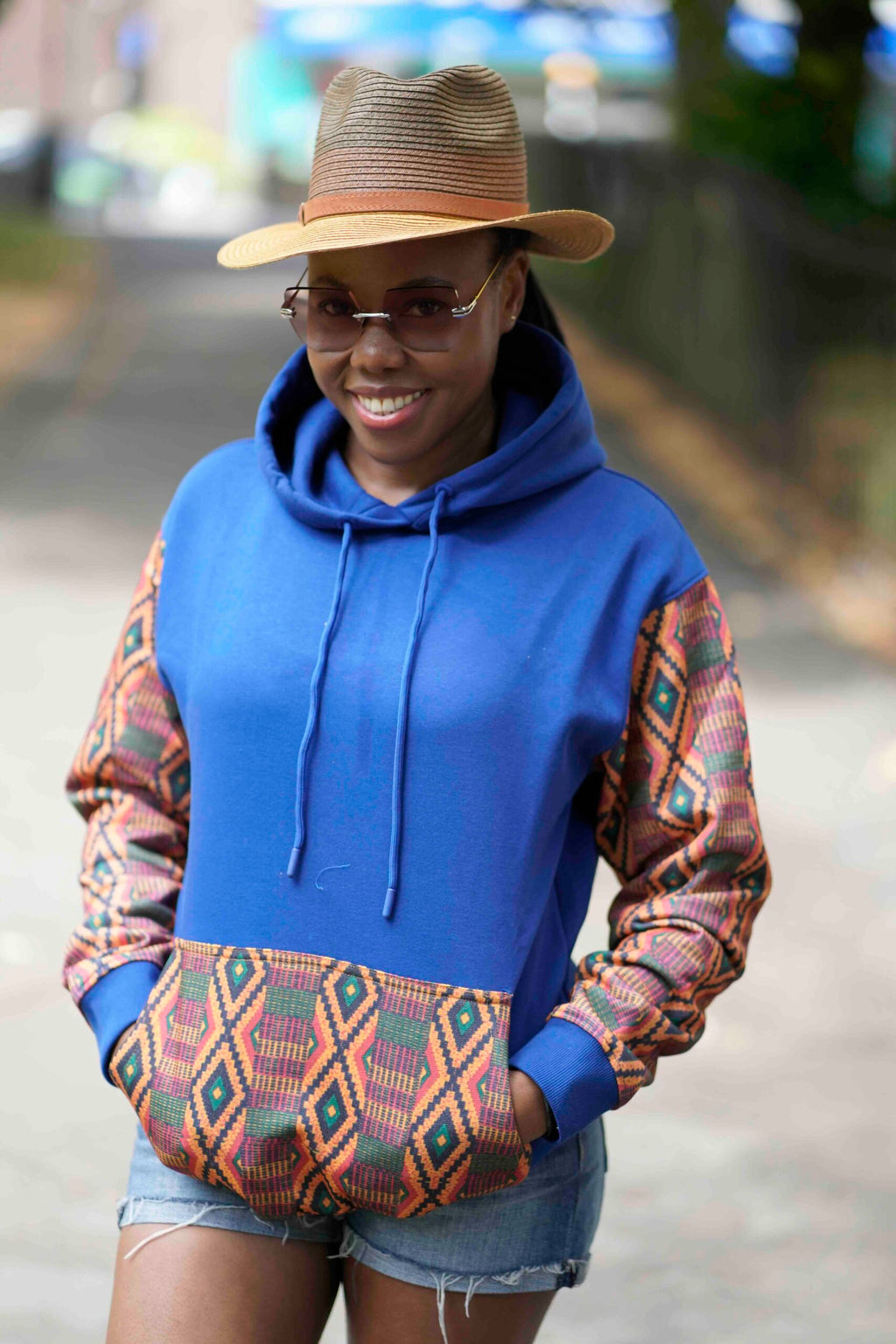 Blue Unisex Afro-Fusion Design Zip Hoodie