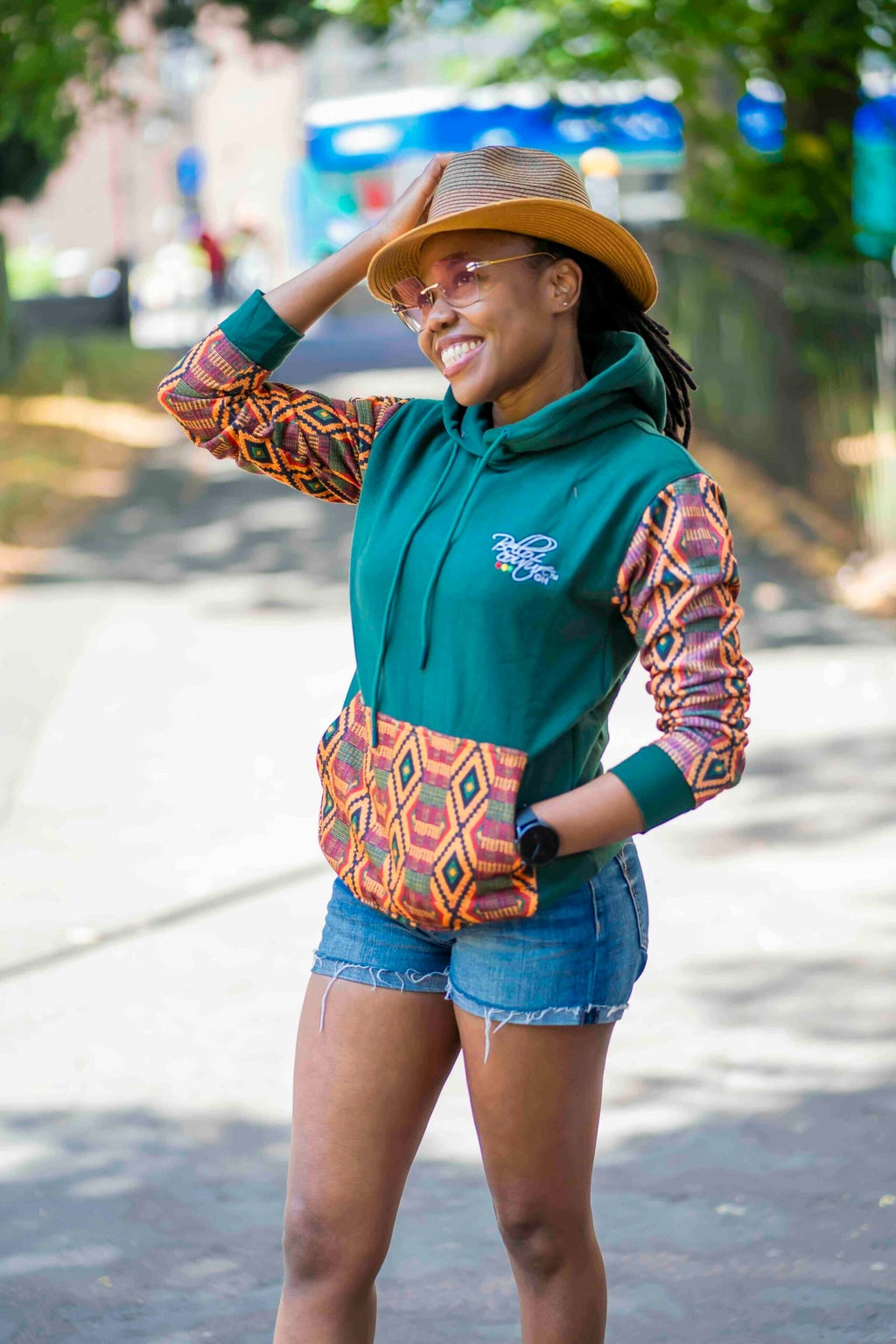 Unisex Afro-Fusion Zip Hoodie – Deep Green Ankara