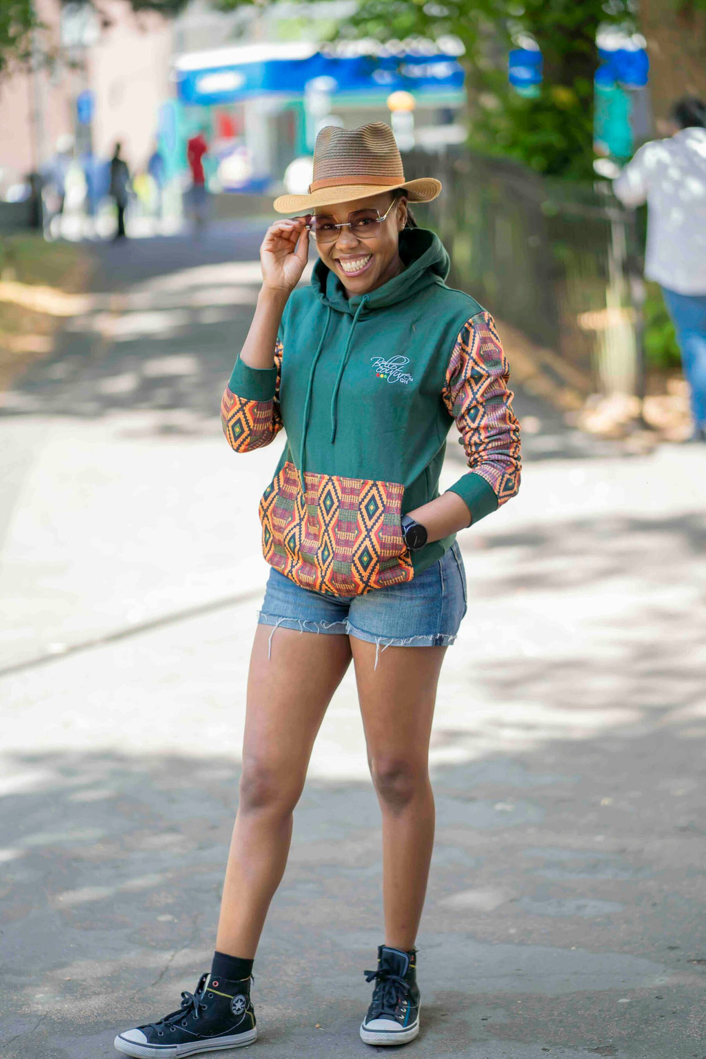 Unisex Afro-Fusion Zip Hoodie – Deep Green Ankara