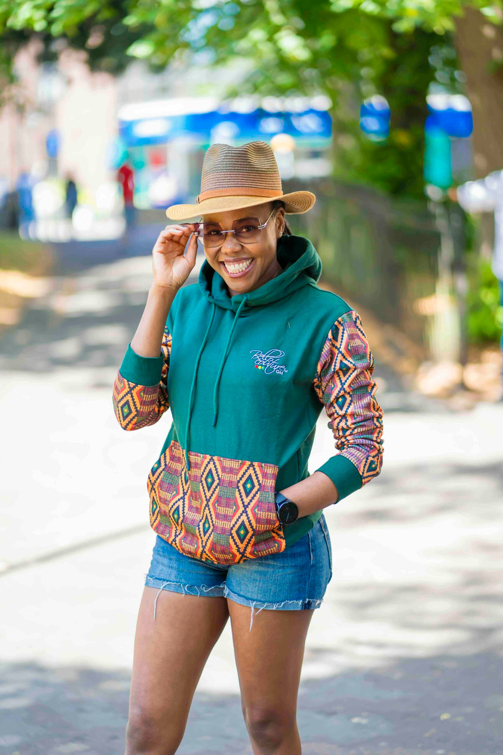 Unisex Afro-Fusion Zip Hoodie – Deep Green Ankara