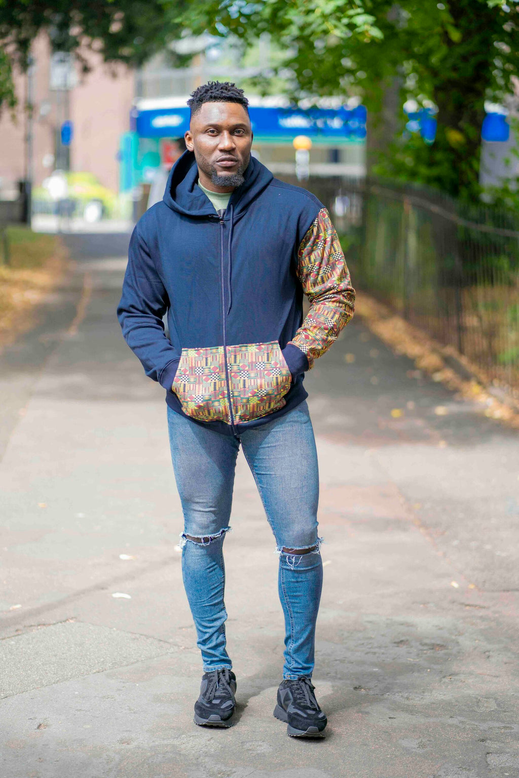 Unisex Afro-Fusion Zip Hoodie sweatshirt -Navy Blue