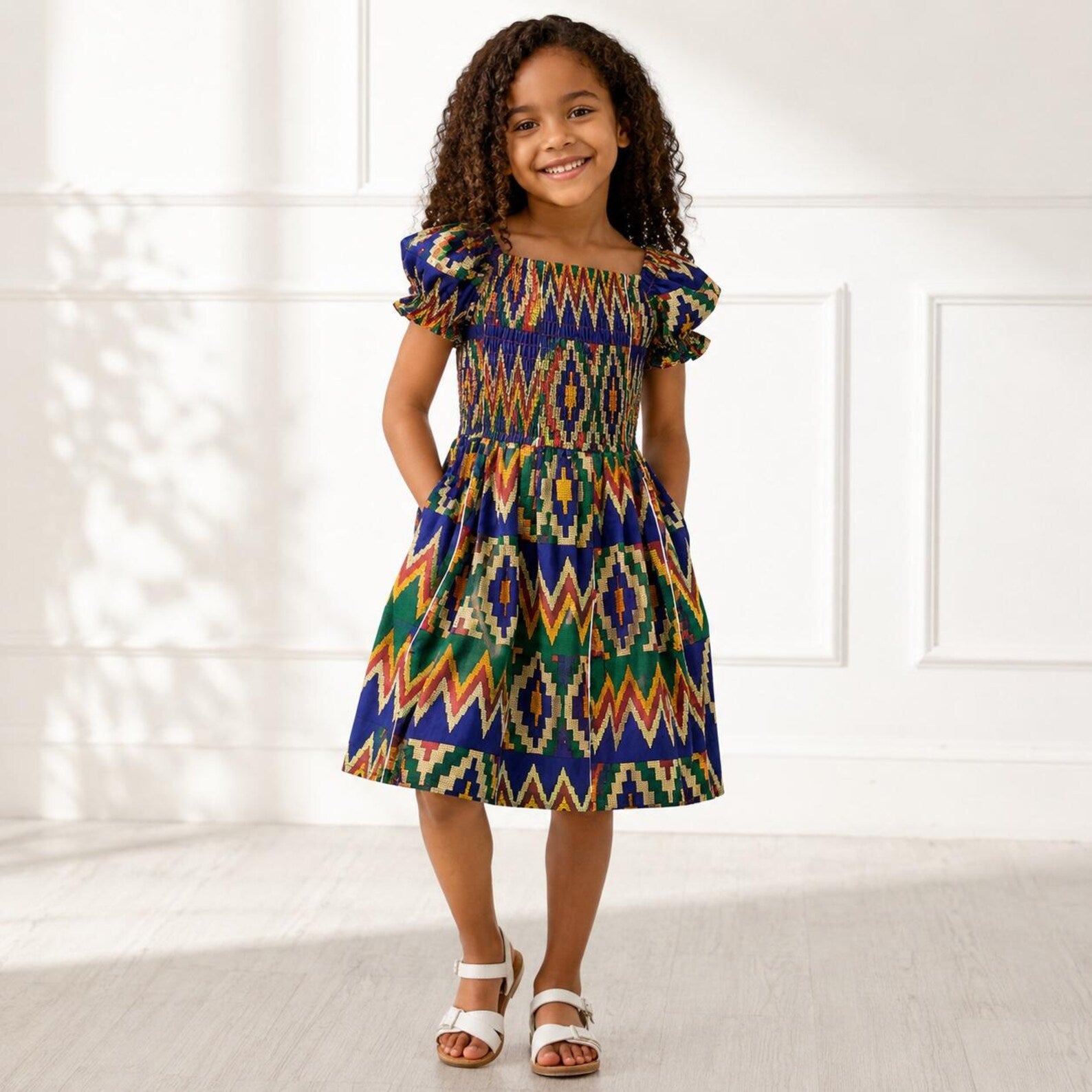 Girls African Print Smocked Dress – Kente Style Kids Party Dress
