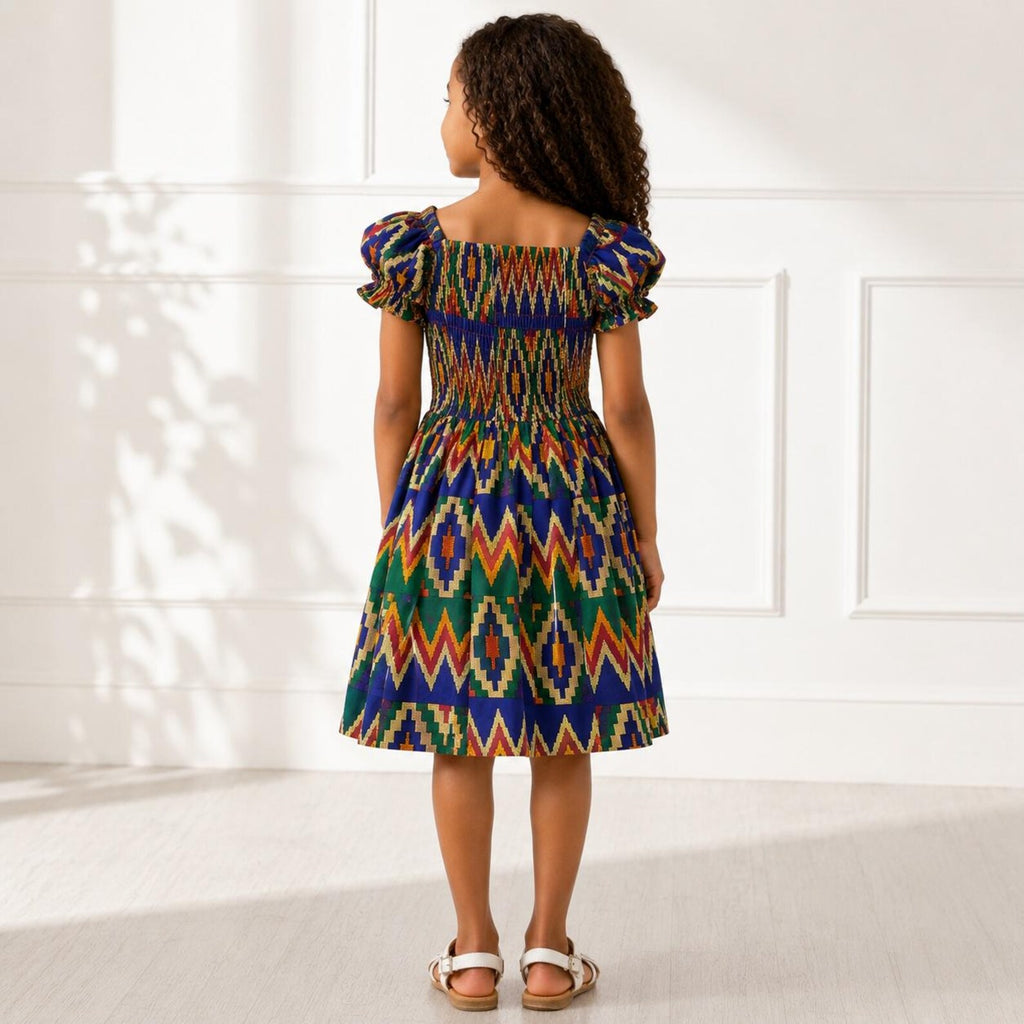Girls African Print Smocked Dress – Kente Style Kids Party Dress