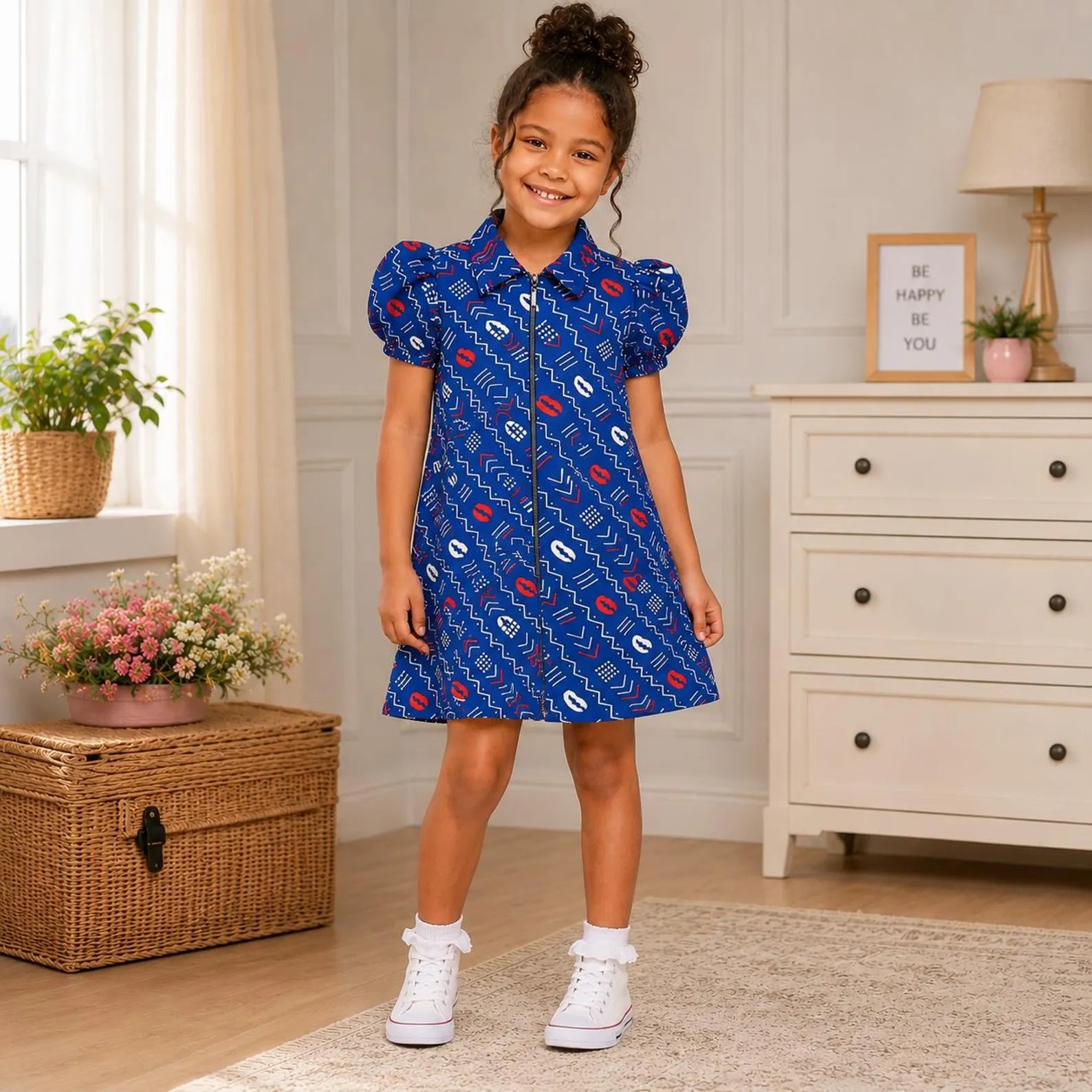 Girls Blue African Print Puff Sleeve Shirt Dress – Kids Ankara Occasion Dress