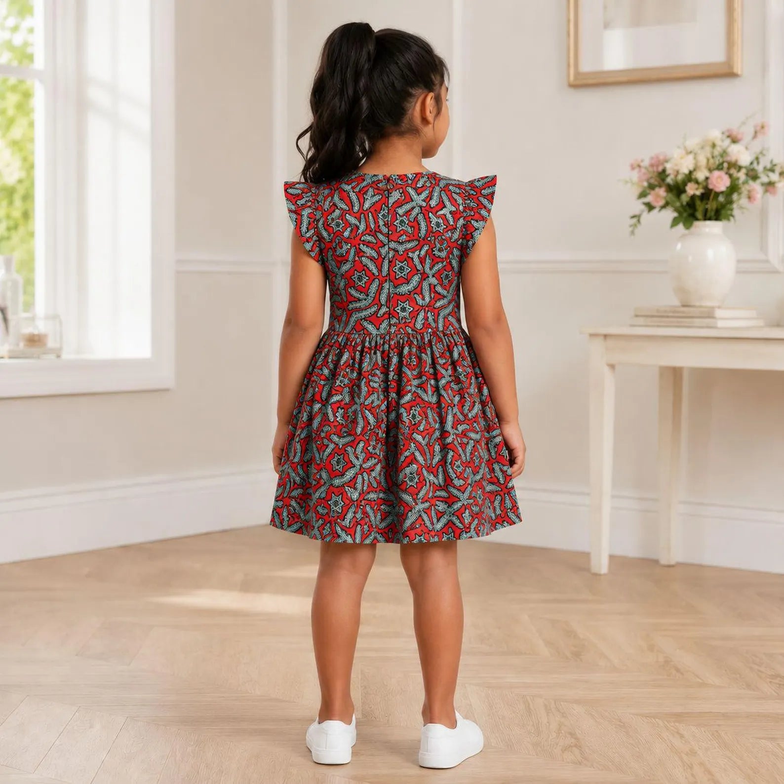 Girls Red African Print Flutter Sleeve Dress – Kids Ankara Party Dress