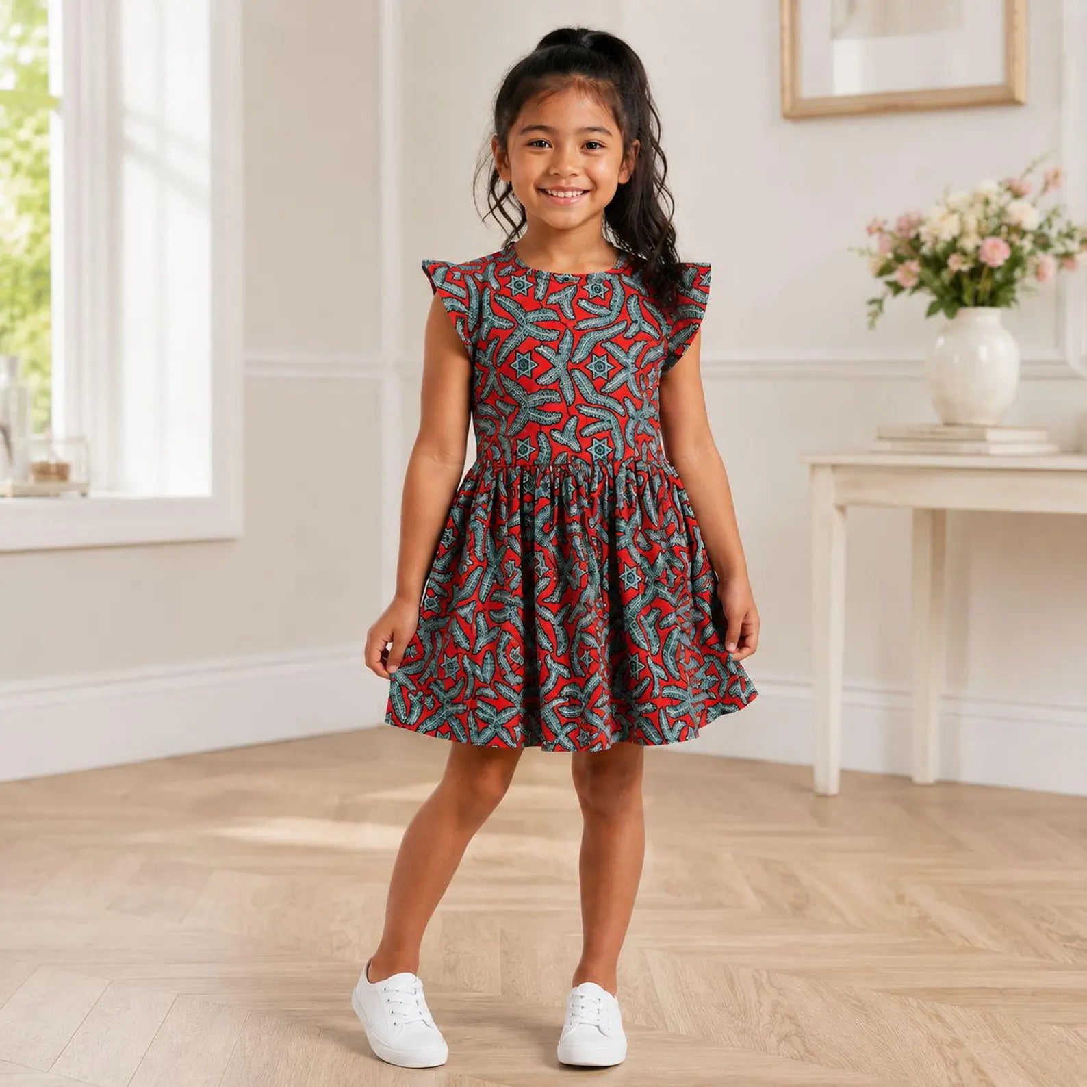Girls Red African Print Flutter Sleeve Dress – Kids Ankara Party Dress