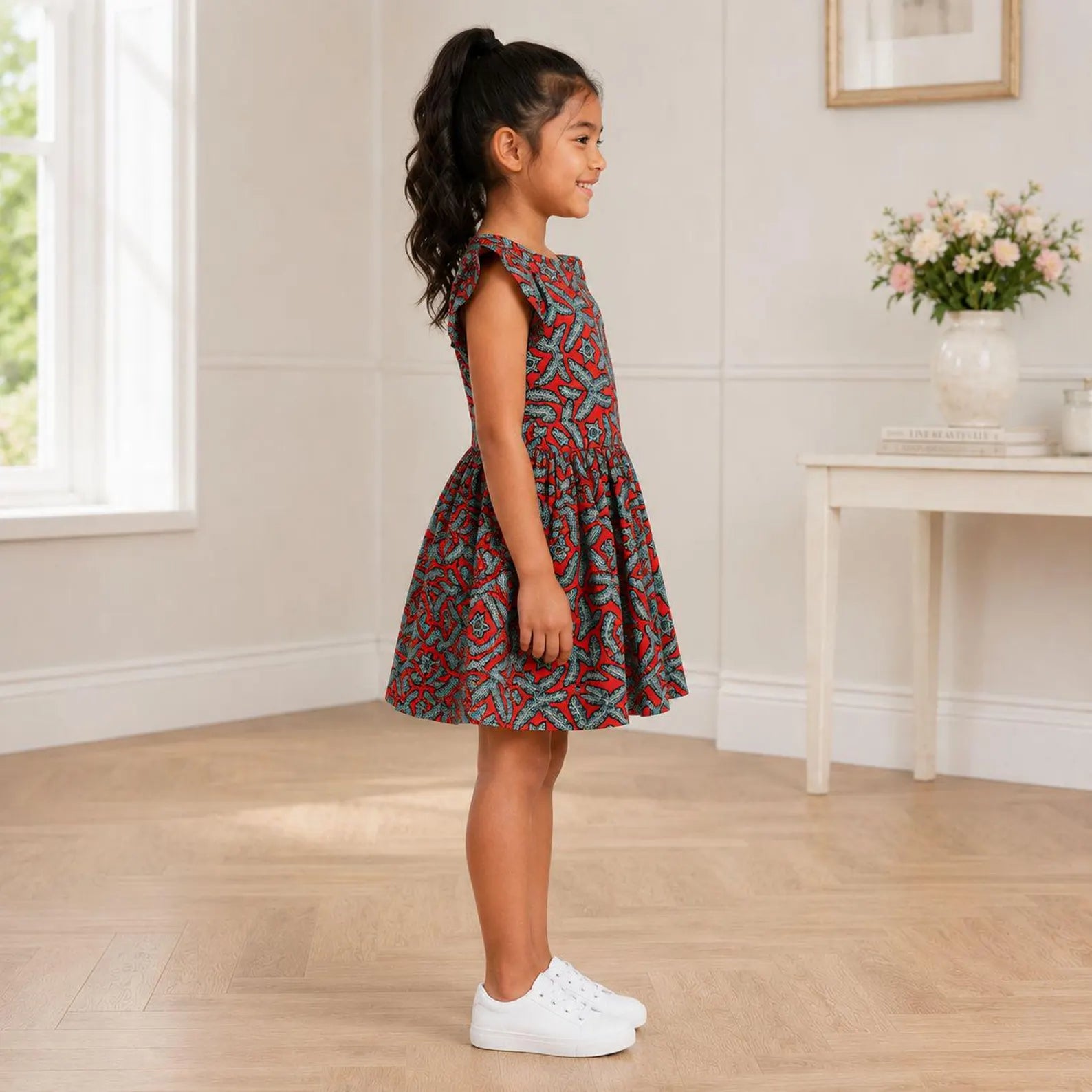 Girls Red African Print Flutter Sleeve Dress – Kids Ankara Party Dress