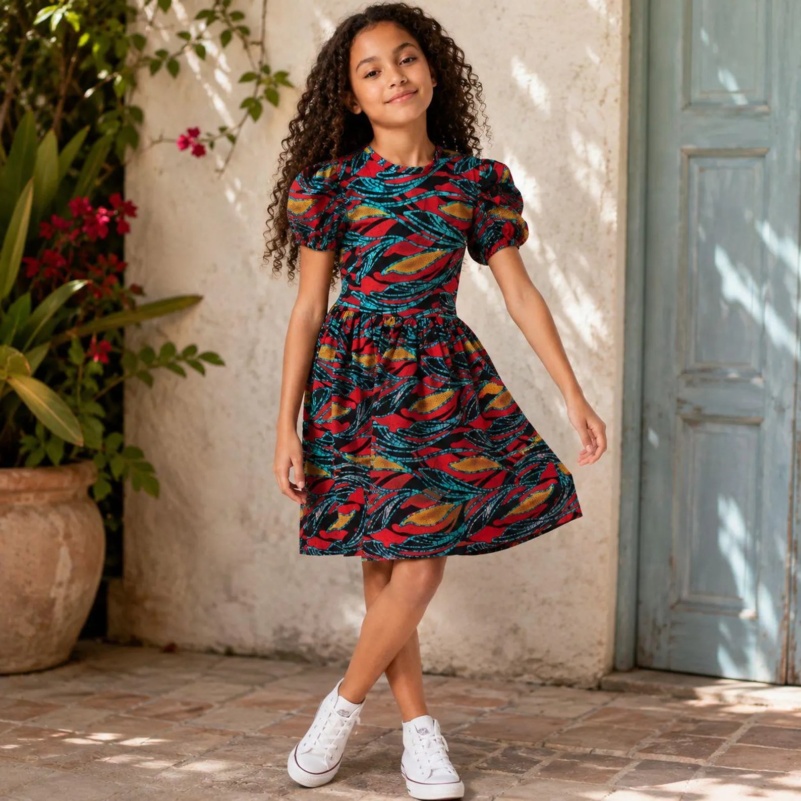 Girls Red African Print Puff Sleeve Dress – Kids Ankara Party Dress