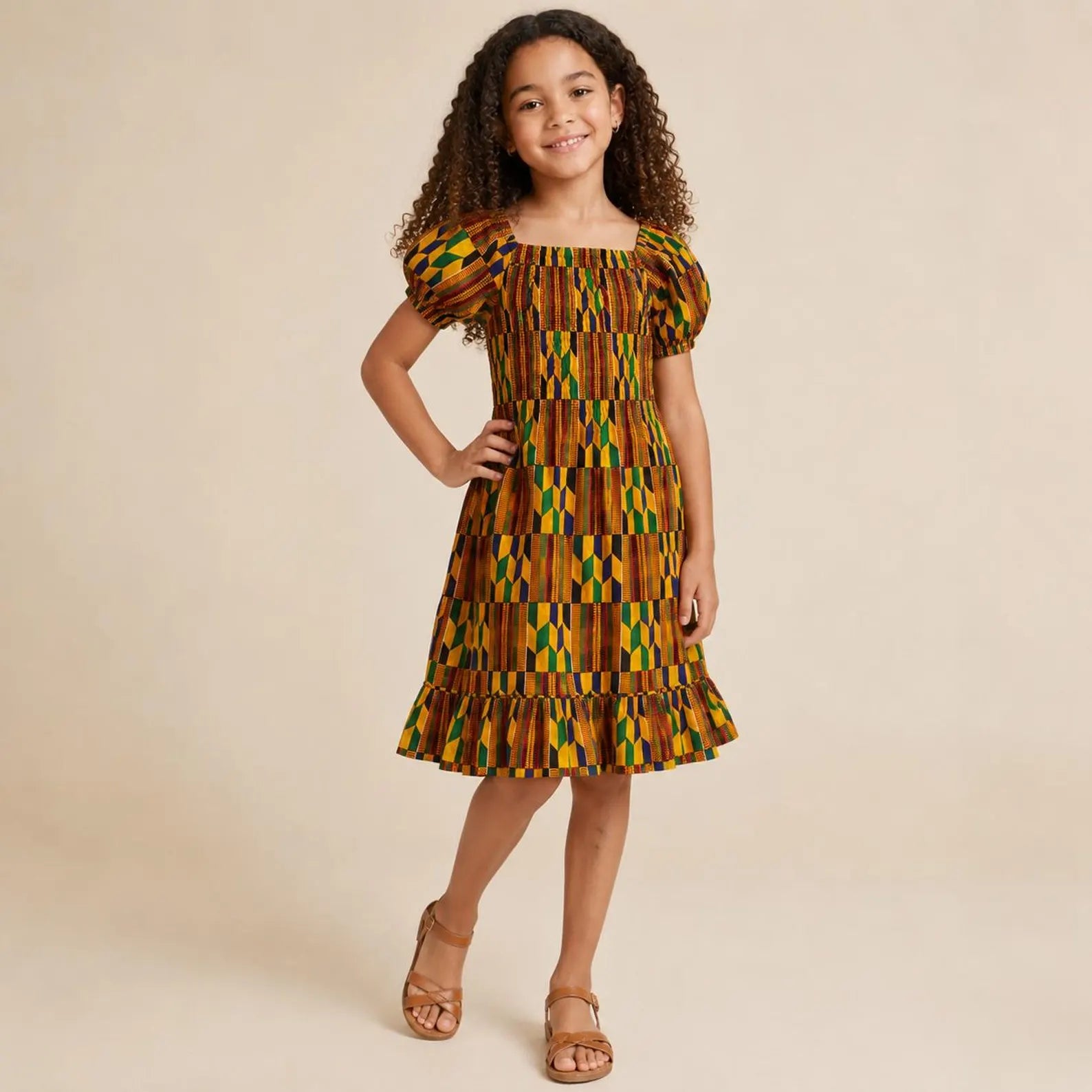 Girls Kente Print Smocked Dress – African Party Dress for Kids