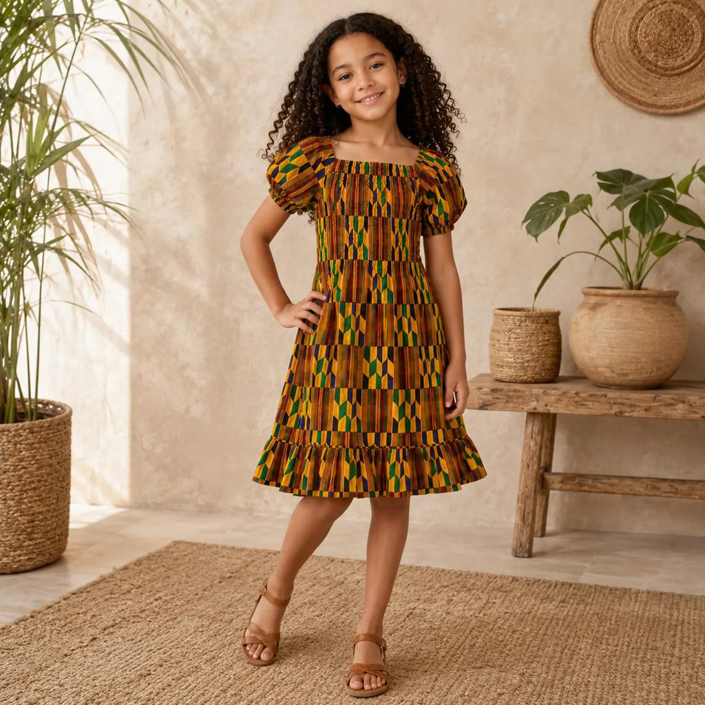Girls Kente Print Smocked Dress – African Party Dress for Kids