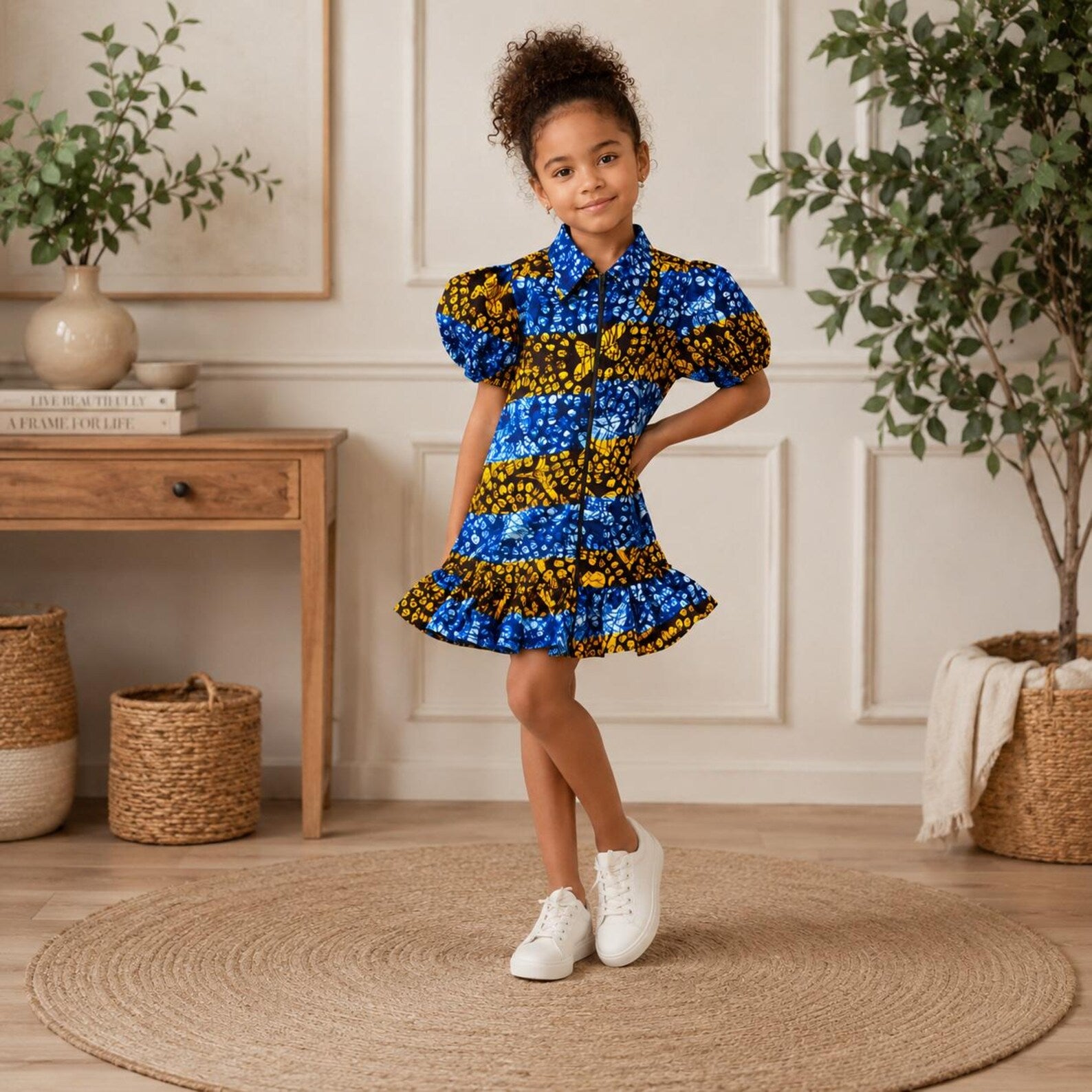 Girls Blue African Print Puff Sleeve Dress – Kids Ankara Party Dress