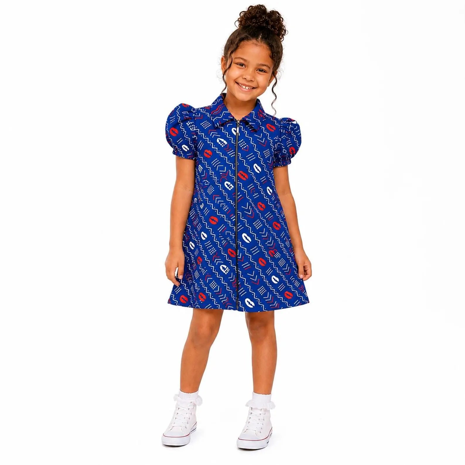 Girls Blue African Print Puff Sleeve Shirt Dress – Kids Ankara Occasion Dress
