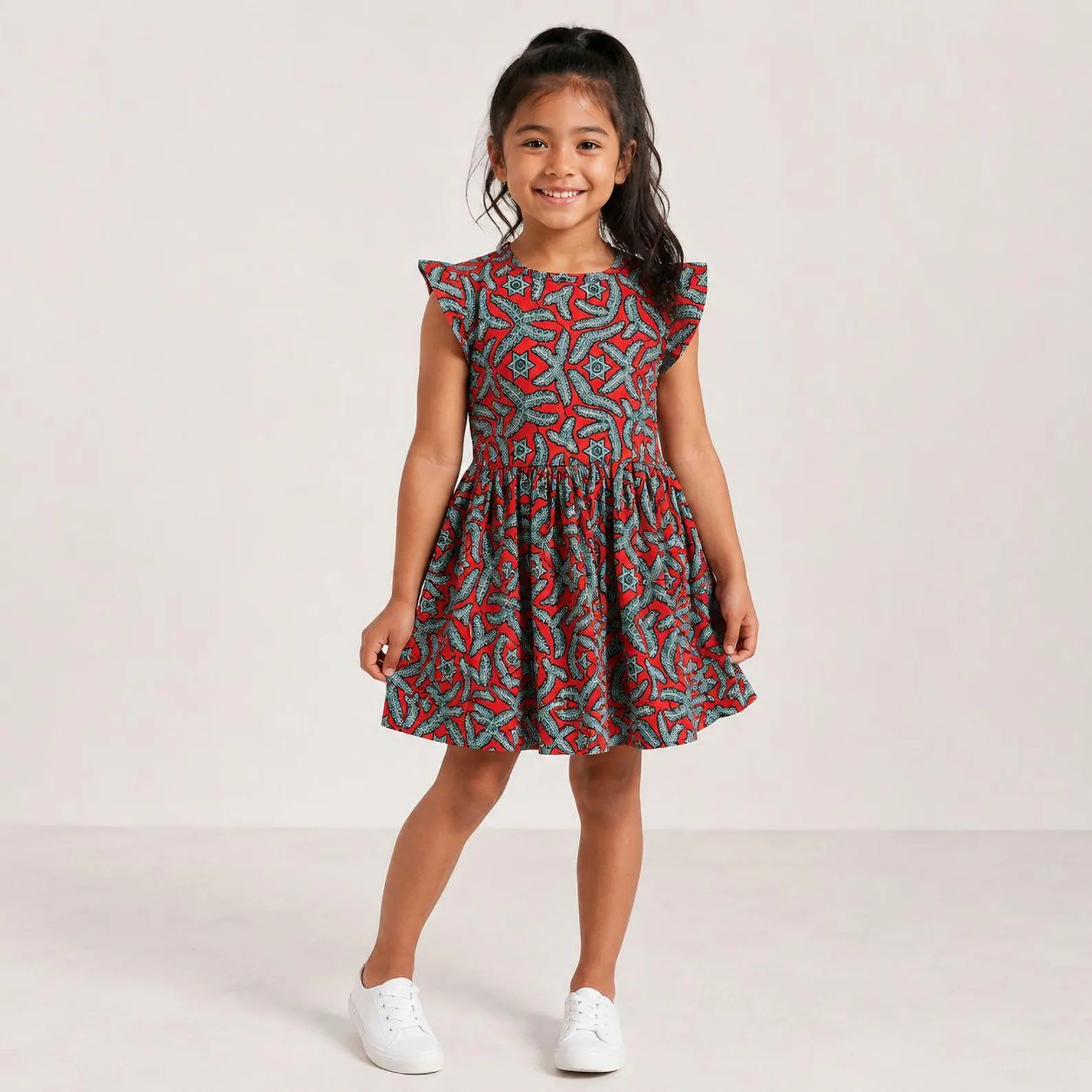 Girls Red African Print Flutter Sleeve Dress – Kids Ankara Party Dress